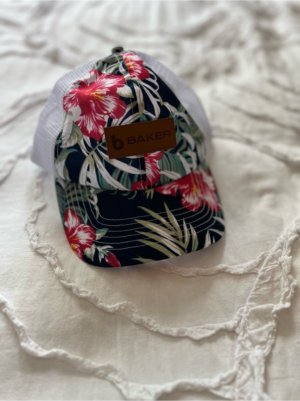 Baker Floral Trucker Hat - Navy with Pink Hibiscus